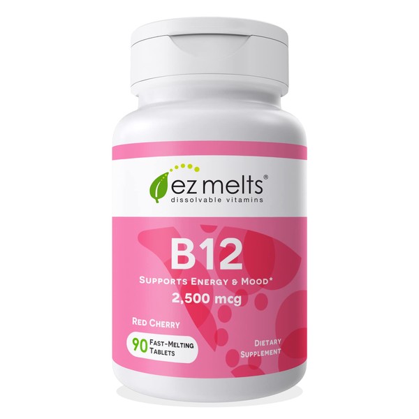 EZ Melts Dissolvable B12 Vitamin 2,500 mcg, Methylcobalamin, Sugar-Free, 3-Month Supply.