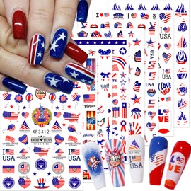 8 Sheets USA 4th of July Nail Art Stickers Independence Day Nail Decals 3D Patriotic American Flag Nail Sticker Design Nail Art Supplies Pegatinas Uñas Nail Stickers for Women Manicure Decoration