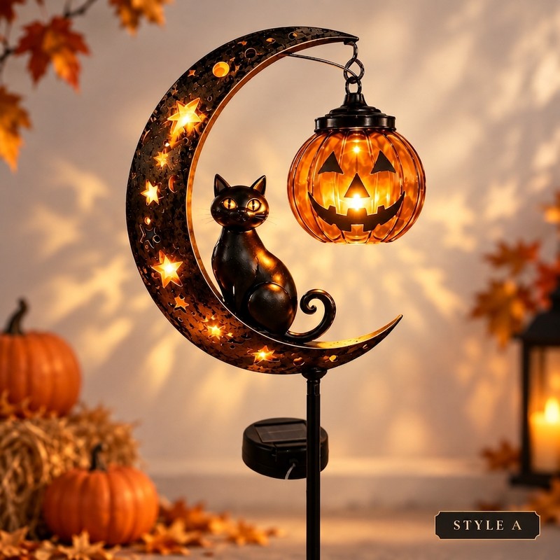 Solar Halloween Garden Stake Light, Black Cat Pumpkin Moon Outdoor