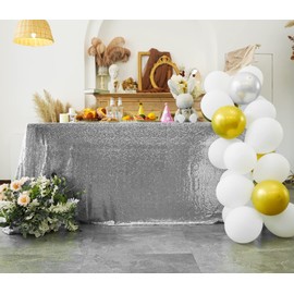 WISPET Silver Sequin Tablecloth 90"x132" Party Glitter Tablecloth Rectangular Sequin Table Cover Overlay Glitter Wedding Birthday Reception Decoration Baby Bridal Shower Christmas Decorations