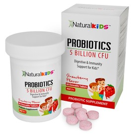 NaturalKids Kids Probiotic Chewables for Digestive Health, Gut Health and Immune Support Supplement - Childrens Probiotics with 5 Billion CFU - Strawberry Flavor 60 Chewable Tablets