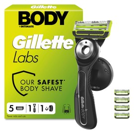 GilletteLabs Body + Intimate Razor for Men, 1 Handle & 5 Cartridges | Triple Defence System, Easy Reach Shower Grip, Anti-Ingrown & Anti-Irritation Bars, Magnetic Shower Hanger
