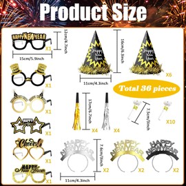 BFSYRR 36 Pcs New Year Eve Party Supplies 2025,Happy New Year Headband,2025 Glasses,Party Hats,Scream Whistle,New Year Party Decorations are Essential Photo Props for Party Celebrations