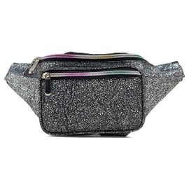 Festival Rave 80s Holographic Black Gravel Fanny Pack Waist Belt Bag For Women, Girls (Black Gravel)