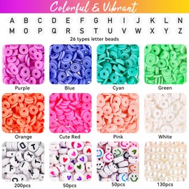 Keiby Citom Clay Beads Friendship Bracelet Making Kit 8 Colors Flat Round Polymer Clay Beads for Jewelry Making Bracelet Necklace Earring DIY Craft with Letter Beads and Elastic Strings