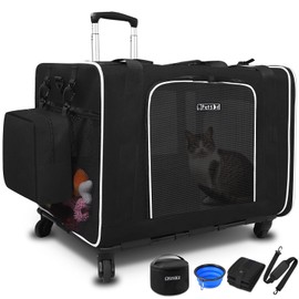Petskd Extra Large Cat Carrier with Wheels and Litter Box 24"x17"x17" for Large Cat or 2 Small Cats, Collapsible Soft Sided Pet Carrier for Car Travel with Lockable Safety Zippers(Black)