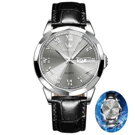 OLEVS Mens Leather Watch Black Leather Watch for Men with Day Date Waterproof Analog Quartz Dress Men's Watch Classic Large Big Face Men's Wrist Watches Grey Dail