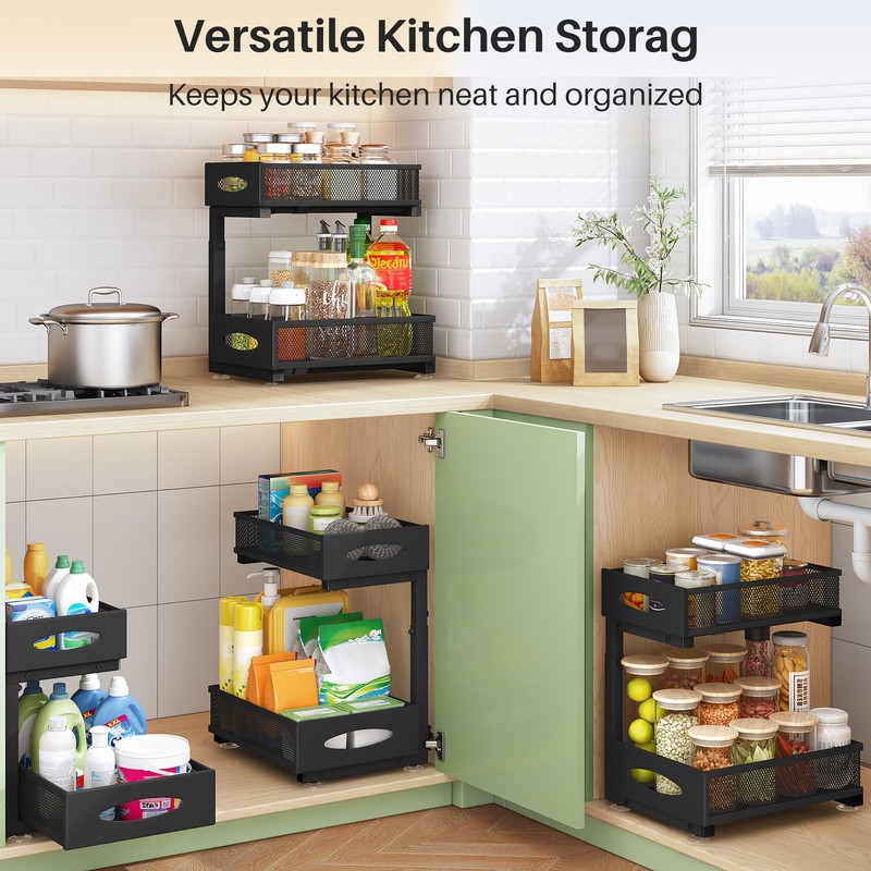 Under Sink Organizer, 2 Tier Pull out Cabinet Organizer Baskets