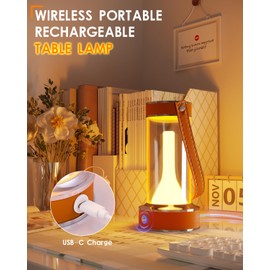 ROSHWEY Portable Table Lamp, Touch Control USB Rechargeable LED Lamp, Small Desk Lamp with 3 Color Modes, Cordless Nightstand Design Leather Night Light for Indoor/Outdoor/Bedroom/Living Room