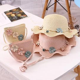 HIMKI Straw Hat Bag Set Children's Sun Hat Cute Summer Beach Hat + Straw Bag for Girls Travel Hat with Flower Decoration for Holiday Travel Outdoor, Head Circumference: 52-54 cm, Pink-a