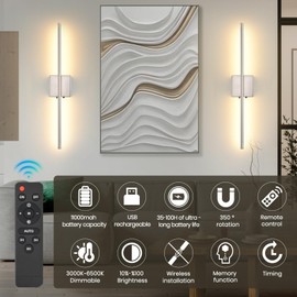 Wireless Battery Operated Wall Sconces, 11000mAh Rechargeable Brushed Nickel Wall Light with Remote Control, 350°Rotate Dimmable Wall Lamp, 3 Color Temperatures, for Bedroom Living Room Hallway, 1 PCS