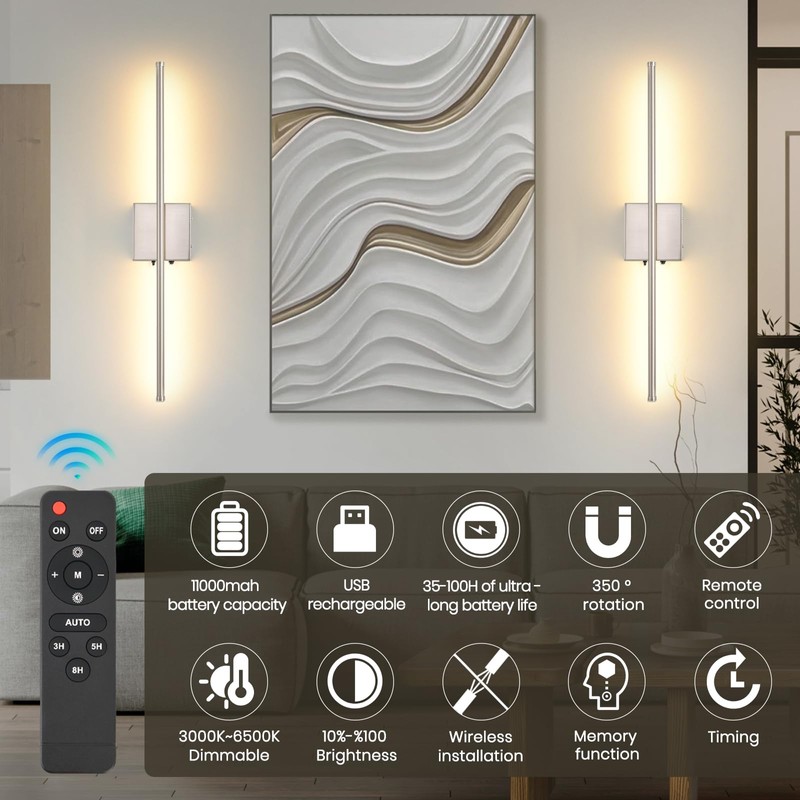 Wireless Battery Operated Wall Sconces, 11000mAh Rechargeable Brushed Nickel Wall