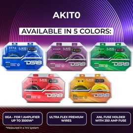 DS18 AKIT0.RD 0-GA Amplifier Installation Wiring Kit with Fuse Holder 250A, Up to 3500 Watts RMS, Ultra Flex Wire, Amp Wire Kit, Amp Wiring Kit 0 Gauge - Red