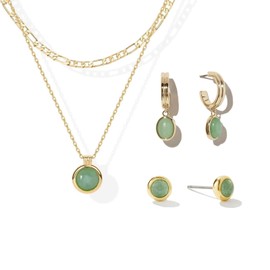 DISTANT DRUMS 3pcs,Simple Natural Green Stone Gold Necklace Earrings Set for Women, 18K Gold Plated Jade Jewelry Sets for Women (Hoop Earrings+Stud Earrings+Layered Necklace)
