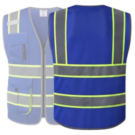 JKSafety 9 Pockets Hi-Vis Mesh Safety Vest for men and women | Chaleco reflectante de seguridad | Zipper Front | Multiple Pockets | Class 1 (140-Blue XL)