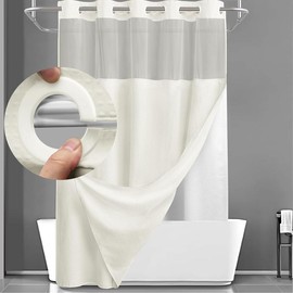 No Hook Shower Curtain with Snap in Liner Set Less Time Sage Green Waffle Shower Curtain for Bathroom Light Eye - Color: Cream, Size: 75"L x 72"W