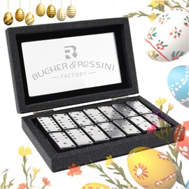 Bucher&Rossini Metal Surface Dominoes Set Double 6 - Claasic Black Domino's Game Set with Silver Metal Surface for Adults and Kids Ideal Gift for Domino Players or Family Game Night