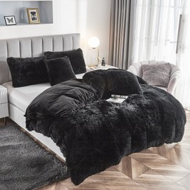 Uhamho Luxury Fluffy 1PC Solid Duvet Cover Faux Fur Plush Shaggy Quilt Cover Velvet Bedspread Zipper Closure, No Pillow Sham, No Comforter (Black, King)