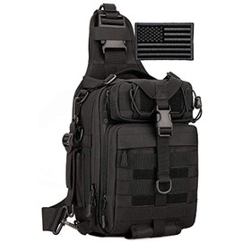 Protector Plus Tactical Sling Bag Military MOLLE Crossbody Pack Chest Shoulder Backpack EDC Diaper Satchel Motorcycle Bicycle Daypack (Patch Included), Black