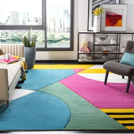 SAFAVIEH Hollywood Collection 5'3" Square Peacock Blue / Fuchsia HLW706C Mid-Century Modern Non-Shedding Living Room Bedroom Area Rug