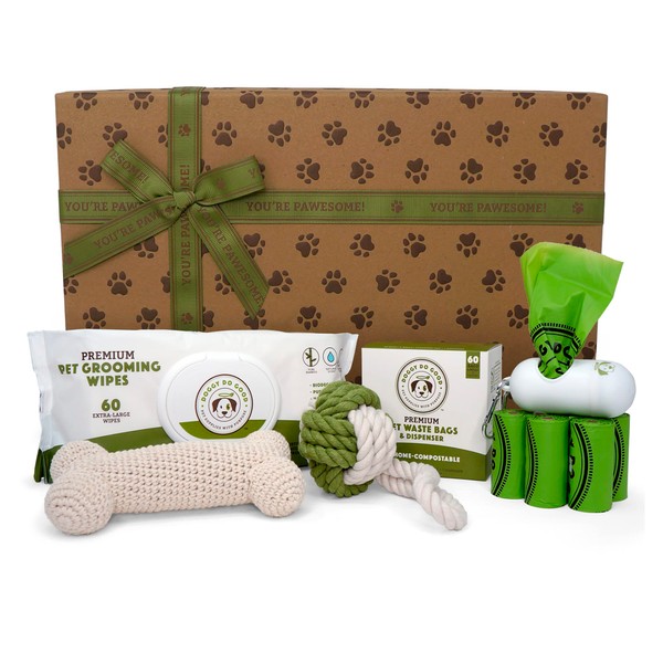 Doggy Do Good Dog Essentials Starter Kit - 2 Dog Toys, Pet Grooming Wipes, 60 Count Poop Bags with Dispenser - Birthday Gift, Must Have Supplies for New Puppy Owners