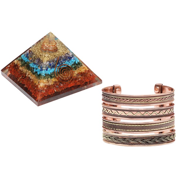BEZAVO 7 Chakra orgone Pyramid with 4 Copper Bracelets for Meditation Reiki Gift for Good Luck Home Office Kitchen Decoration