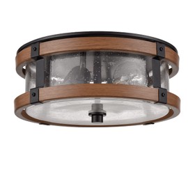 DEYNITE Farmhouse Ceiling Light Fixture 2-Light Hallway Ceiling Light in Black & Rustic Wood Grain Finish with Clear Seeded Glass Shade