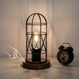 Touch Control Table Lamp, Industrial Bedside Lamp with 3-Way Dimmable Small Nightstand Lamp Vintage Metal Cage Steampunk Table Lamp for Bedroom, Hallway, Entryway, Kitchen or Den Edison Bulb Included