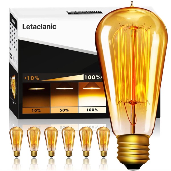 Letaclanic E26 Dimmable Edison Light Bulbs, 6 Pack 40W Amber Warm White 2700K Light Bulbs, Filament Vintage Bulbs Antique Style Incandescent Bulbs ST58 Tear Drop Top for Chandeliers Pendant Lighting
