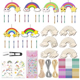 FINEASY Pack of 12 Rainbow Wind Chime Craft Set Children, Rainbow Wooden Wind Chime Children's Birthday Crafts for Painting, Creative Sets Rainbow Decorative Wind Chime Crafts for Girls Boys