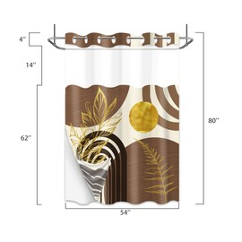 Boho Mid Century Modern Hookless Shower Curtain with Snap in Liner, Black and Brown Beige and Gold No Hook Double Layer Shower Curtains and Liner Set, Waterproof Cloth Fabric,54" W X 80" L