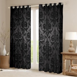 Gothic Curtains for Living Room Adults Black Damask Blackout Curtains,Victorian Curtains & Drapes 2 Panels 38"Wx45"L Vintage Baroque Goth Window Curtains Antique Black Floral Bohemian Decor,Grey