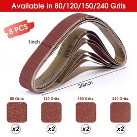 Belt Sander Sanding Belts, 8 Pcs Belt Sander Paper (2 Each of 80 120 150 240 Grits), Aluminum Oxide for Woodworking Polishing (1 x 30 inch)