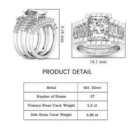 Jeulia 3 PC Wedding Ring Set 5.2ct Radiant Cut Moissanite Engagement Ring for Women 925 Sterling Silver Ring Cubic Zirconia Diamond Eternity Bands Anniversary Promise Ring Bridal Set (6.5)