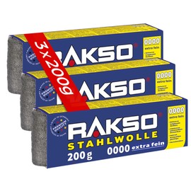 RAKSO Steel Wool Extra Fine 0000-600 g, 3 Sleeves of 200 g, Polished Waxed Wood, Copper, Brass, Matt Surfaces, Cleans Glass
