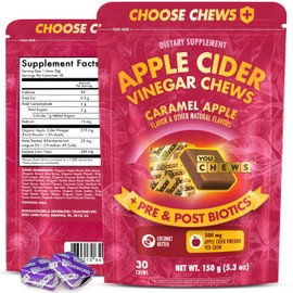 YouChews Apple Cider Vinegar Chews Better Than Apple Cider Gummies - Bloating Relief for Women and Men, 500mg Organic ACV with Prebiotics & Postbiotics, Low Sugar, Caramel Flavor, 30 Count