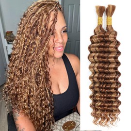 Newmi Highlight P27/30 Human Braiding Hair for Boho Braids Human Hair For Braiding Hair Bulk Deep Wave Braiding Human Hair Crochet Knotless Boho Braids Human Hair Brown Honey Blonde Color 100g 22 Inch