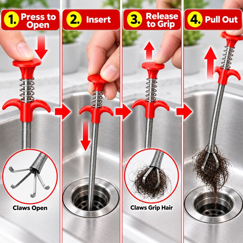 60cm Flexible Drain Snake with 4-Claw Grabber – Spring-Loaded Pipe
