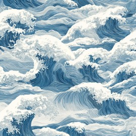 IOHEFY Wave Wallpaper Peel and Stick 17.7" x 118.1" Japanese Ocean Wall Mural Removable Self Adhesive Vinyl Contact Paper for Bathroom Bedroom Art Studio Coastal Decor