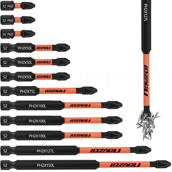 LOZAGU 12-Piece Phillips Bits #2 Impact Magnetic, S2 Steel, 1
