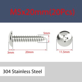 ORANXIN M5 x 20 mm, Pack of 20, Round Head Wood Screws, 304 Stainless Steel, Phillips Mushroom, Self-Drilling Self-Tapping Screws