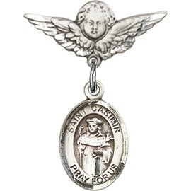 Sterling Silver Baby Badge with St. Casimir of Poland Charm and Angel w/Wings Badge Pin 7/8 X 3/4 inches