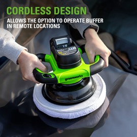 Greenworks 24V Powerful Cordless Car Buffer & Polisher, 10-inch pad 2800 RPM waxing machine with 4 Buffing Bonnets, 2.0Ah Battery & 2A Charger included