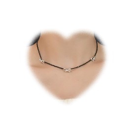 W WEILIRIAN Boho Black Beads Necklace Hollow Bows Necklace Chain Beads Chain Necklace Bow Tie Necklace Bowknot Key Bows Necklace Jewellery for Women, Metal, Artificial gemstone