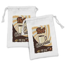 Ambesonne Retro Fabric Pouch Set of 2, Old Hot Chocolate Commercial in Funky Shaded Color with Cocoa Beans and Mug Print, Small Drawstring Bag for Toiletries Masks and Favors, 9" x 6", Multicolor