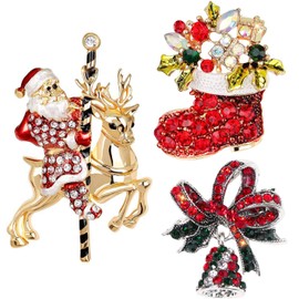 Gleamart 3Pcs Christmas Enamel Brooch Pin Set Elk Santa Claus Bell Xmas Boot Pin Gift