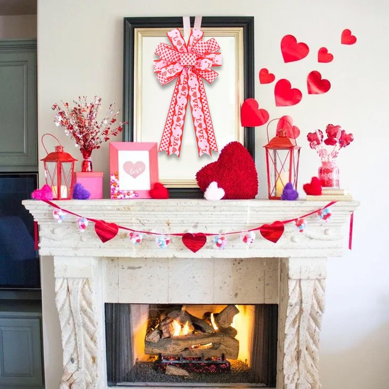 Valentine Tree Topper Bow with Pink Love Heart Valentines Burlap