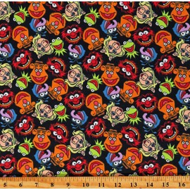 CAMELOT FABRICS Flannel The Muppets Characters Faces Allover on Black Kids Miss Piggy Kermit The Frog Gonzo Fozzie Bear Puppets Kids Black Cotton Flannel Fabric Print by The Yard (85320107B-01)