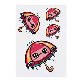 4 x 'Kawaii Umbrella' Temporary Tattoos - Water Resistant, Skin-Safe, Non-Toxic Transfers, Mixed Sizes (TO00070726)