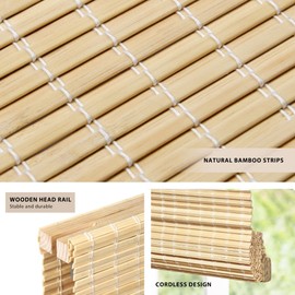 LazBlinds No Tools No Drill Cordless Bamboo Roman Shades, Privacy Window Treatment, Roll Up Bamboo Blinds for Window 20'' W x 64'' H, Natural